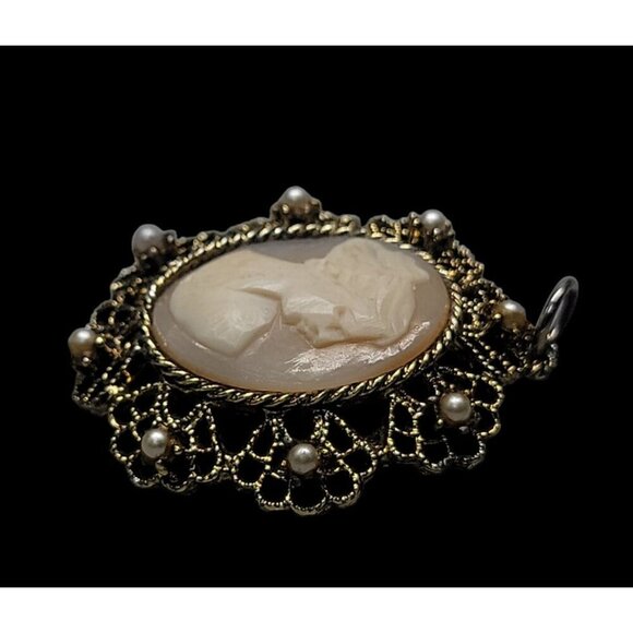 Vermeil Carved Shell Cameo Pendant Faux Pearl Accent Gold Tone Sterling Silver - Picture 12 of 14